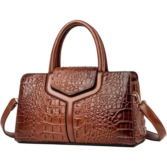 🆕Women's Brown Handle Purse Crocodile Faux Leather Tote Zipper Shoulder Bag - Picture 1 of 7